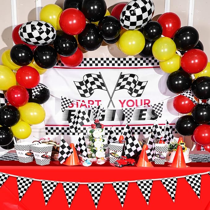 Irenare Car Birthday Party Supplies Racing Decorations 50s Party Tablecloth Racetrack Table Runner Table Covers for Kids Boy Car Theme Birthday Decor, 54 x 108 Inch(Red,8 Sheets)