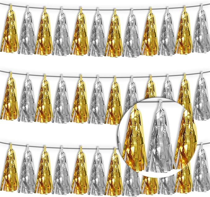 3P Gold Silver Metallic Fringe Tassel Banner Garland Foil Tinsel Streamer Wall Hanging Curtain Backdrop Banner for Parade Floats, Graduation Decorations, Father' Day, Halloween, Christmas Decorations