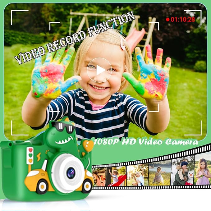 Kids Digital Camera, 1080P HD Video Camera for Toddlers with 32GB SD Card, Dinosaur Protective Case, Card Reader, Fun Selfie Toy Camera for Ages 3-12, Christmas/Birthday Gift for Boys & Girls (Green1)