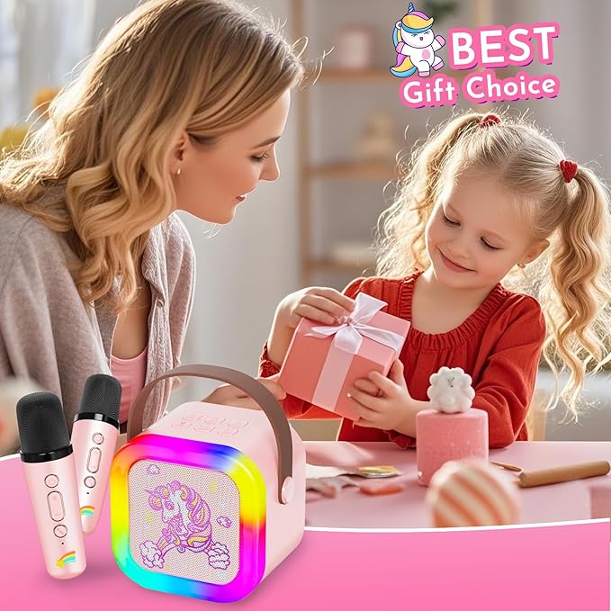 Mini Karaoke Machine for Kids: Unicorn Bluetooth Speaker with 2 Wireless Microphones, Portable Singing Toy & Birthday Gifts for Girls Ages 4-12