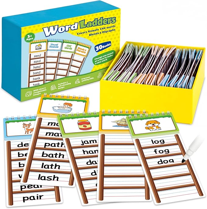 30 Word Ladder Flip Books,Phonics Flash Cards,Word Ladders Word Family Build Book,Sight Words Reading Spelling Games Phonics Flip Books for Kids Classroom Homeschool Preschool Learning Activity