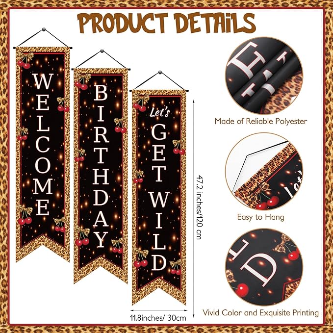3 Pcs Party Decorations Banners Porch Sign Hanging Flags Photo Props Backdrop Supplies for Outdoor Door Wall Yard Birthday Baby Shower (Cheetah Cherry)