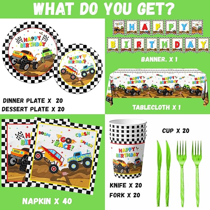 Monster Truck Party Supplies,Monster Machine Happy Birthday Checkered Tableware Sets Include Monster Trucks Theme Party Paper Plate Napkins for Monster Truck Birthday Party Decorations