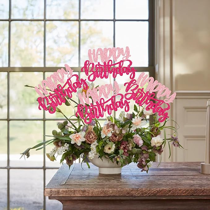 Gyufise 12Pcs Happy Birthday Centerpieces Sticks Double Sided Glitter Birthday Party Decorations Anniversary Table Flower Centerpiece for Celebrating Party Supplies Pink Rose Red