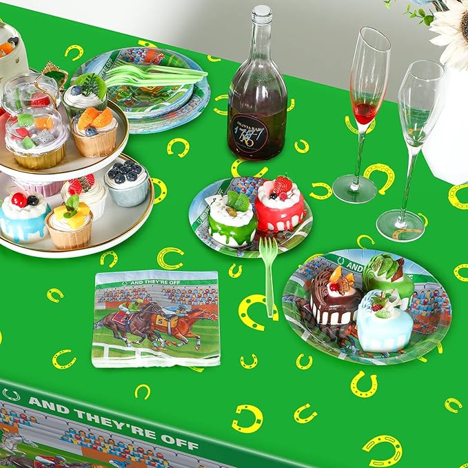 49 Pcs Derby Party Supplies Horse Racing Party Disposable Tableware Set Including Paper Plates Napkins Tablecloth Derby Day Disposable Dinnerware for Horse Birthday Supplies Serve 16 Guests