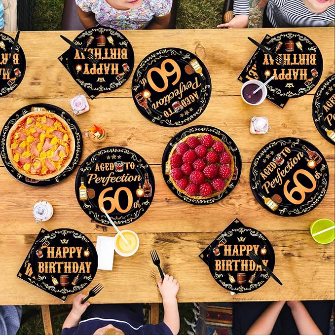 96 Pcs Whiskey 60th Birthday Party Supplies Aged To Perfection 60th Plates and Napkins Disposable Cheers and Whiskey Tableware Set for Men Vintage 60 Years Old Birthday Party Decorations Serves 24