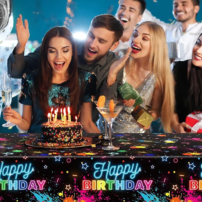Kochorie 2 Pack Glow in The Dark Birthday Tablecloth 54 x 108 Inch Neon Disposable Plastic Table Cover Graffiti Paint Glow Table Cloths for Black Light Party, Let's Glow Birthday Decorations
