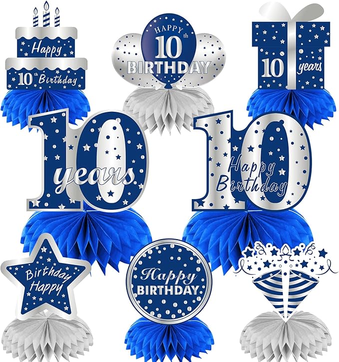 Kauayurk 8Pcs 10th Birthday Honeycomb Centerpieces Decorations for Boys, Blue Silver 10 Year Old Birthday Table Centerpiece Party Supplies, Ten Birthday Table Topper Decor Sign
