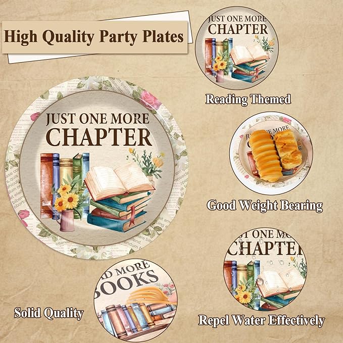 96Pcs Reading Theme Party Supplies Read More Books Paper Plates and Napkins Book Themed Birthday Decorations Vintage Reading Disposable Tableware Set for Birthday Picnic BBQ Baby Shower Serves 24
