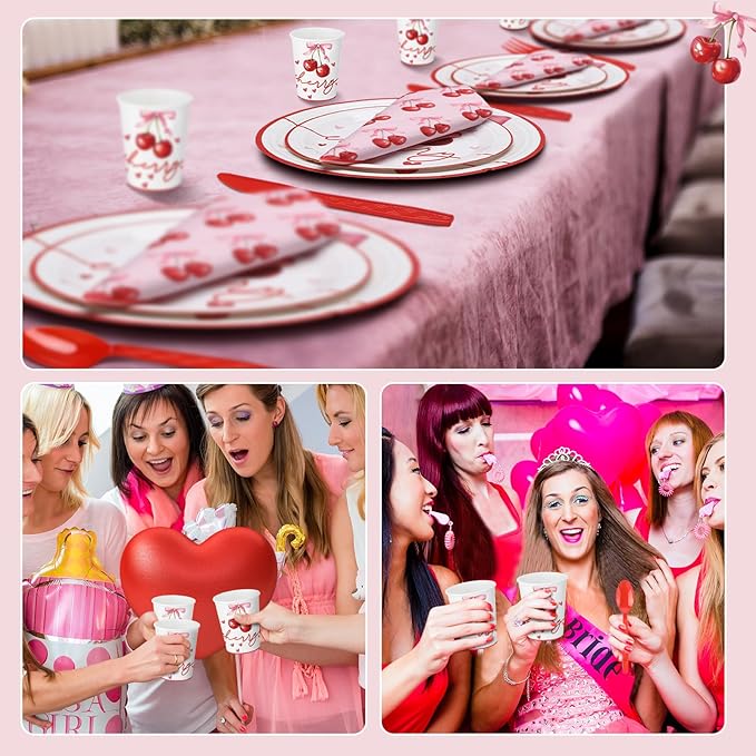 168 Pcs She's Ready to Pop Cherry Bow Baby Shower Decorations Cherry Paper Plates and Napkins Coquette Party Supply Galentine's Valentine's Day Birthday Tableware for 24 Guests Bridal Wedding