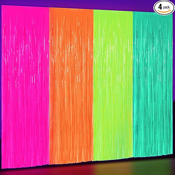 Weysat Glow in The Dark Party Supplies 4 Pack 3.3x6.6ft Neon Party Decoration Neon Tinsel Foil Fringe Curtain 2026 Vbs Photo Booth Backdrop Streamer for Birthday Decor(Green, Rose Red, Yellow, Orange)