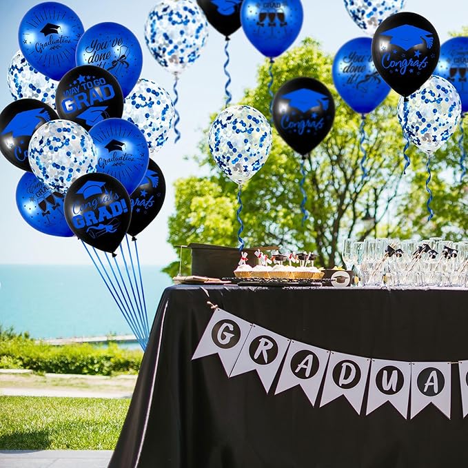 Whaline 60Pcs Graduation Party Balloon Set 7 Designs Confetti Latex Balloon with 2 Rolls Ribbon Grad Cap Congrats Grad Balloon for Graduation Party Decoration Supplies (Blue, Black)