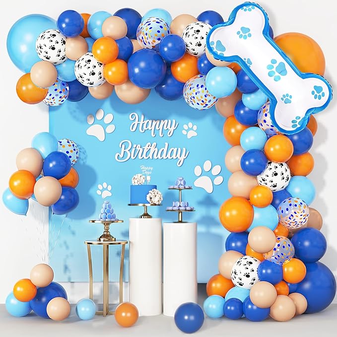 121Pcs Blue Birthday Party Supplies Balloons Garland Kit, Blush Nude Blue Orange Dog Paw Balloons Arch Bone Balloon for Boys Girls Baby Blue Shower Graduation Birthday Party Decorations