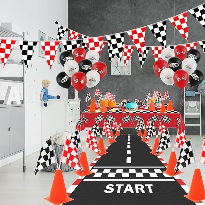 Race Car Party Decorations, Checkered Flag Party Supplies-12 Traffic Cones and 24 Racing Checkered Flags, 6.5Ft Racetrack Floor Runner and 9.8ft Banner, Tablecloth, Balloons and Ribbons