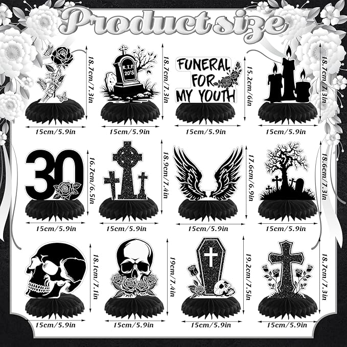 12 Pcs Halloween Death to My 20s Decorations 30th Birthday Party Decoration Rip 20s Black Gothic Honeycomb Centerpieces Funeral for My Youth Table Decoration Table Topper for Party Favors Supplies