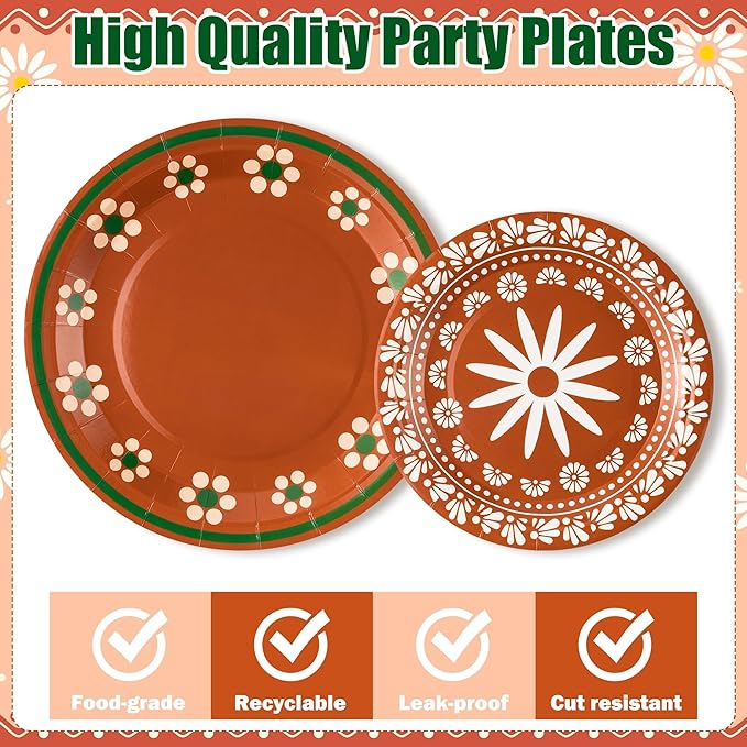 96Pcs Platos De Barro Mexicanos Cielito Lindo Terracotta Clay Party Plates Supplies Tableware Decorations Disposable Paper Plates Napkins Forks for Birthday Wedding Baby Shower, Serves 24