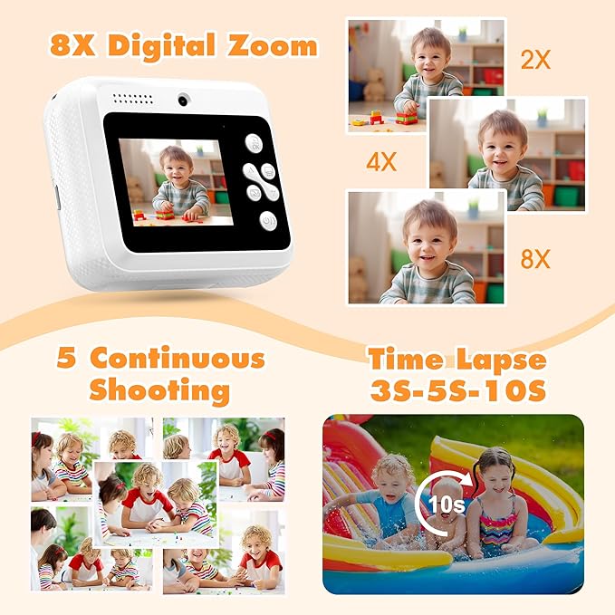Kids Camera Instant Photo Printing,HD Digital Video dual Cameras for Toddler,Kids Digital Camera That Print Photos Christmas Birthday Gift for Boys and Girls with 32GB SD & 3 Rolls Print Paper (White)