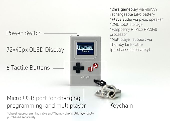 TinyCircuits Thumby Programmable Game Console Keychain – Retro Gaming Fun Mini-Console, STEM Learning, USB Rechargeable, 5 Preloaded Games (Gray)