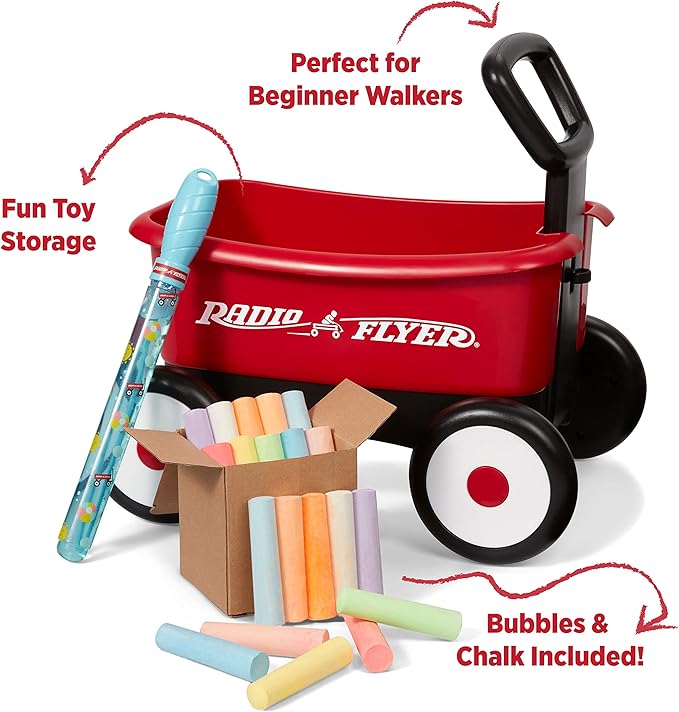 Radio Flyer Push & Pull Walker Wagon with Bubbles and Chalk, Red, for Kids 1-4 Years Old, Locking Handle for Stability, Baby Push Walker Converts to Pull Wagon, for Indoor & Outdoor Play