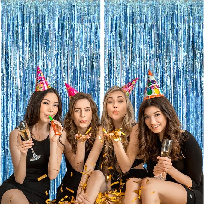 2 Pack Blue Foil Fringe Curtains, 3.3x6.6 Ft Metallic Tinsel Backdrop Party Decorations Door Blue Streamers for Birthday Wedding Engagement Decor,Photo Booth Props, Party Supplies