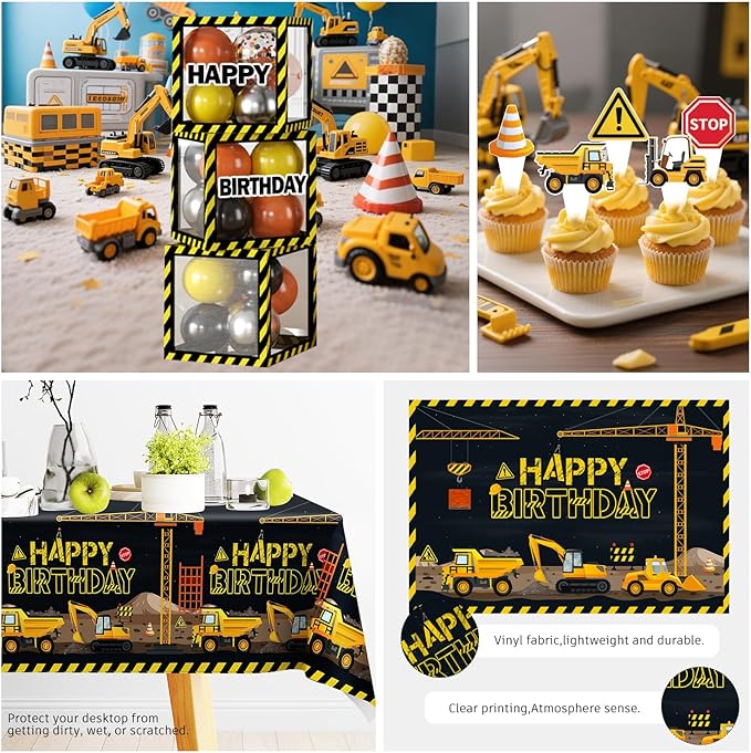 287Pcs Construction Birthday Party Supplies, 25 Construction Theme Tableware, All-in-1 Pack Includes Backdrop Tablecloth Balloon Boxes Balloon Kit for Construction Birthday Decorations
