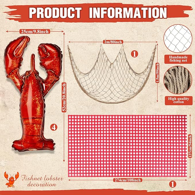 6 Pcs Crawfish Boil Party Supplies Includes Lobster Balloons Crawfish Tablecloth Fish Net Decorative Aluminum Foil Balloons for Nautical Themed Birthday Party Decoration