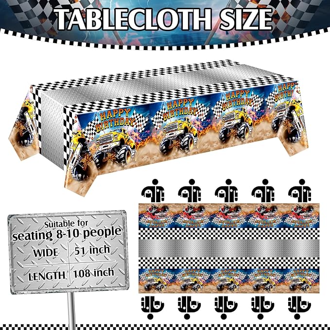 Mifoci 3 Pcs Monster Truck Birthday Party Tablecloths Monster Machine Table Covers Large Plastic Disposable 108 x 54 Inches for Truck Theme Kid's Boys Birthday Shower Party Supplies (Classic)