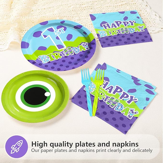 96Pcs Monster Birthday Party Supplies 1st Monster Theme Party Plates and Napkins Disposable Green and Purple Cartoon Tableware Set for Kids 1st Birthday Baby Shower Decorations Serves 24