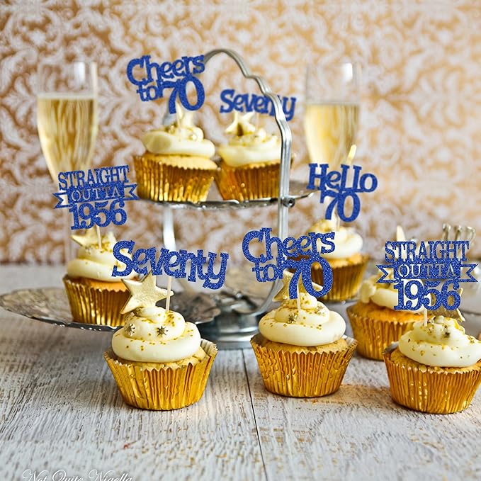 Ephlyn 24Pcs Happy 70th Birthday Cupcake Toppers Glitter Straight Outta 1956 Cupcake Picks Hello 70 Cheers to 70 Years Birthday Cake Decorations for 70th Birthday Anniversary Party Supplies Blue