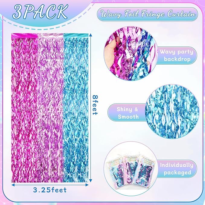 ADLKGG 3 Pack Wavy Foil Fringe Curtain, Pink Purple Blue Streamers Water Beach Backdrop for Mermaid Theme Birthday Decorations Under The Sea Party Decorations, Summer Holiday Party, 3.3x6.6 Feet