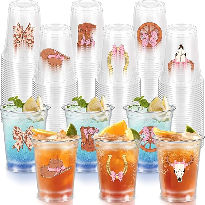 50 Pcs 12oz Western Cowgirl Party Decorations Clear Plastic Cups - Western Birthday Party Supplies for Cowgirl Theme Party