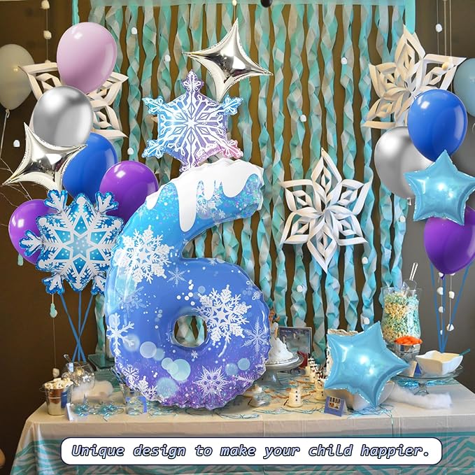 40 Inch Frozen Balloons number 6 Birthday Balloon,2 Giant snowflake foil balloons, 2 blue and silver star foil balloons Frozen Theme Party Supplies Winter Party Decoration For Girl's Birthday