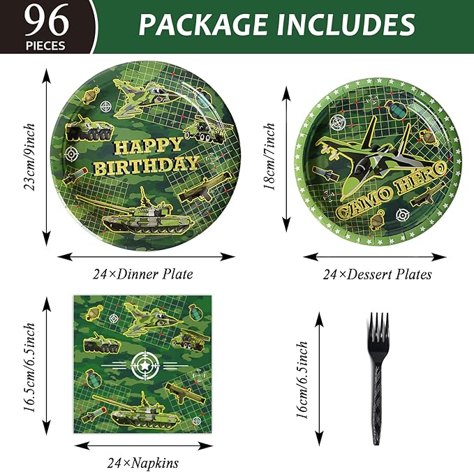 96 Pcs Camo Birthday Plates and Napkins Party Supplies Military Happy Birthday Tableware Set Army Camouflage Party Decorations Favors for Soldier Men for 24 Guests