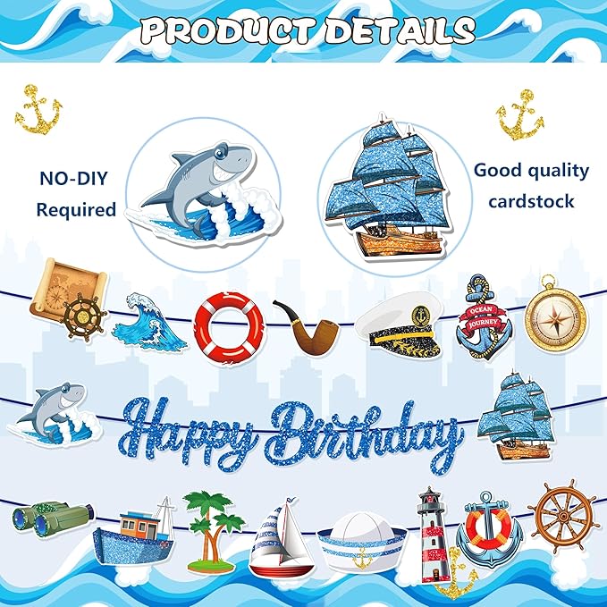 CC HOME 3Pcs Sailing Navigation Happy Birthday Banner Pirate Navy Party Hanging Banner Career Theme Birthday Bridal Wedding Baby Shower Boys Girls Kids Home Classroom Party Supplies Decorations