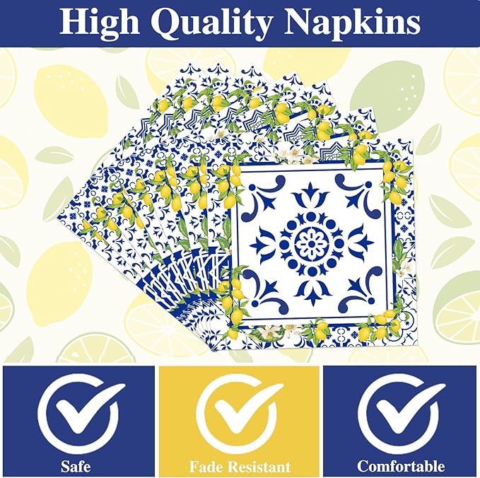 Rakuto Lemon Plates Napkins Decorations - 50 Pcs Blue Tiles Yellow Lemon Paper and Plates Party Decorations, Disposable Summer Fruit Set Supplies for Wedding Birthday Baby Shower Serves 25