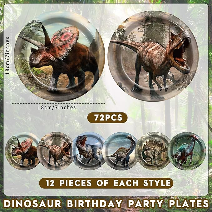 72PCS Dinosaur Birthday Plates Dinosaur Party Supplies Dino World Tableware Tropical Jungle Plates Disposable Paper Plate Dessert Plates for Boys Girls Kids Baby Shower Favors 6.7 * 6.7inch
