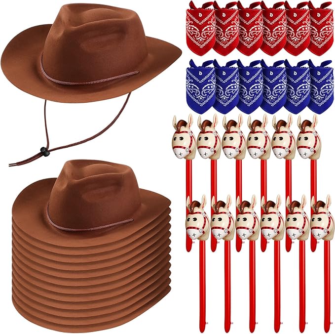Xtinmee 36 Pcs Cowboy Party Costume Set, Cowboy Hats Paisley Bandanas Inflatable Stick Horses Kids Party Supplies