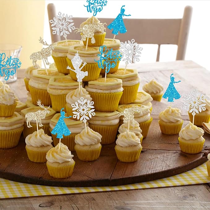 24Pcs Snowflake Cupcake Toppers Glitter Winter Frozen Theme Snowflake Deer Princess Cupcake Pick Decorations for Winter Wonderland Baby Shower Birthday Xmas Party Supplies