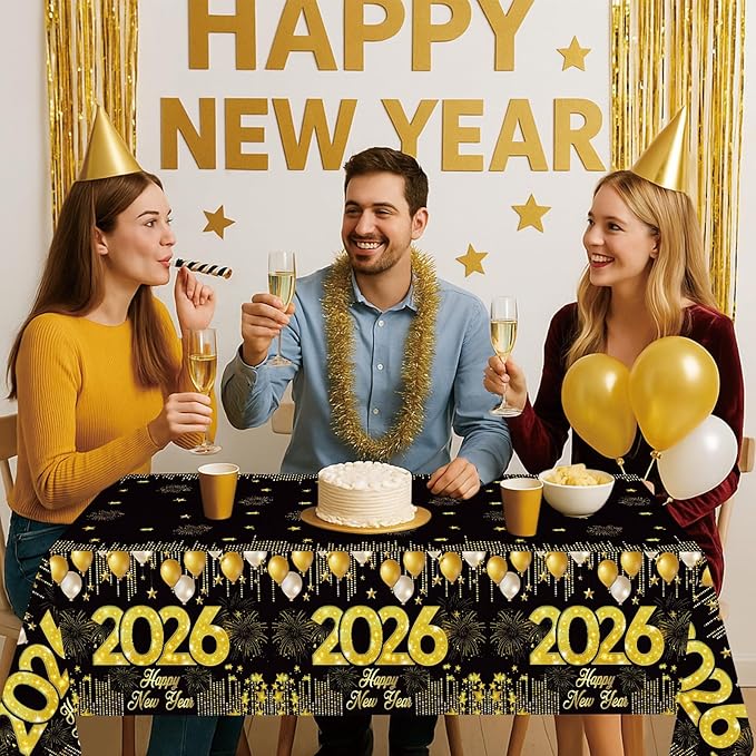 Staraise 3PCS New Years Tablecloths, Black and Gold Plastic Tablecloth Happy New Year Table Decorations Disposable Rectangular PE Table Cover for New Year's Eve Party Supplies 2026, 51.2X 86.6inch