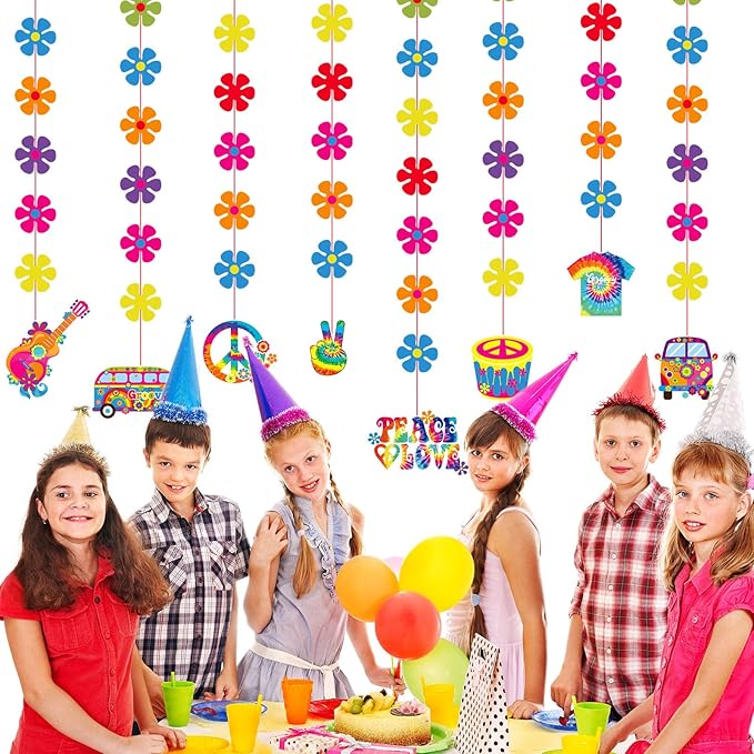 Duraaamo 8 Pcs 60's Hippie Paper Garland Kit Decoration Groovy Retro Flower Ceiling Hanging Banner Tie Dye Hanging Cutouts Groovy Hippie Party Supplies for 60s 70s Birthday Baby Shower Party Decor