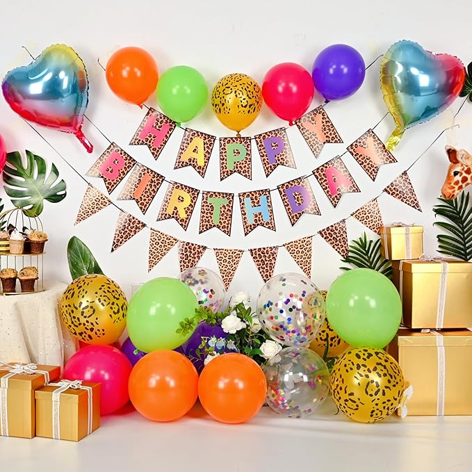 Leopard Print Happy Birthday Decorations, Gold Cheetah Print Animal Balloons Rainbow Heart Balloon with Birthday Banner for Safari Wild Birthday Baby Shower Jungle Zoo Theme Party Supplies