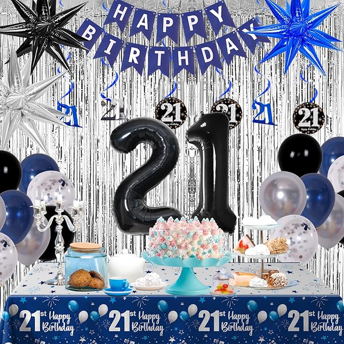 21st Birthday Decorations for Him Her Dark Blue, Happy 21st Birthday Decorations for Men Women with Banner 21 Balloon Number Tablecloth Foil Star Balloons Garland Arch Kit-21 Years Old Party Supplies