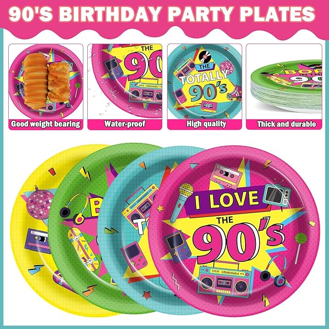 CHUNNIN 48Pcs 90's Party Plates Back to The 90s Party Decorations 1990s Theme Paper Dessert Plates Retro Birthday Supplies 7" 1990's Music Decorations for Kids Birthday Baby Shower Favor