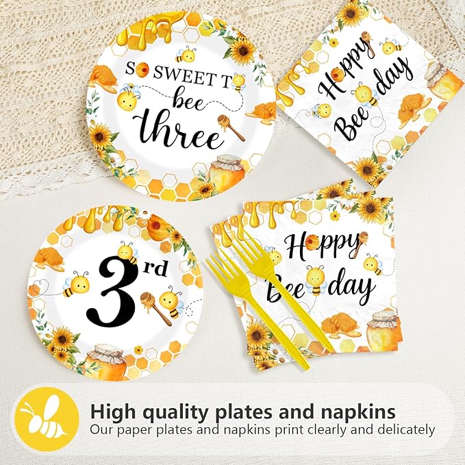 96 Pcs Bee 3rd Birthday Party Supplies Bumble Bee Theme So Sweet to Bee Three Party Plates and Napkins Disposable 3 Years Old Tableware Set for Kids Baby Shower Birthday Decorations, Serves 24