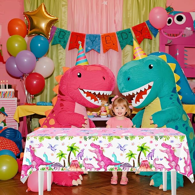 4ps Dinosaur Party Table Cloths Pink Dinosaur Birthday Disposable Plastic Tablecover Tablecloth Watercolor T-Rex Dino Party Supplies Decorations for Girls 1st 2nd 3rd 10th Dino Bday Decor