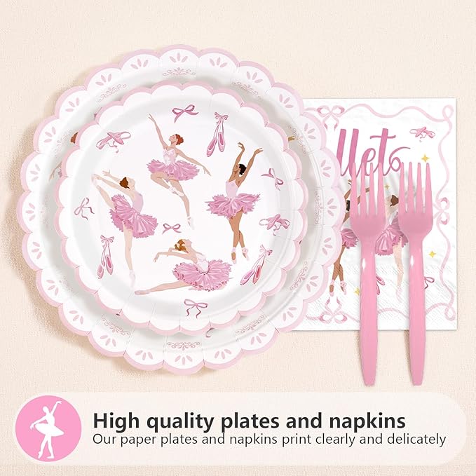 96Pcs Ballerina Birthday Party Supplies Pink Dancing Girl Ballet Plates and Napkins Tableware Sets Ballerina Dancer Themed Decorations for Girls Women Baby Shower Tutu Dance Party Serves 24