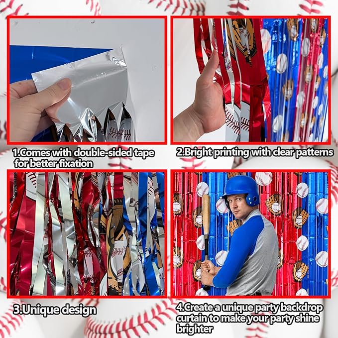 4 Pack Baseball Tinsel Foil Fringe Curtains Backdrop Party Decorations, Blue and White Red Door Streamers Banner Sports Themed Birthday Party Decor Supplies for Boys Favor