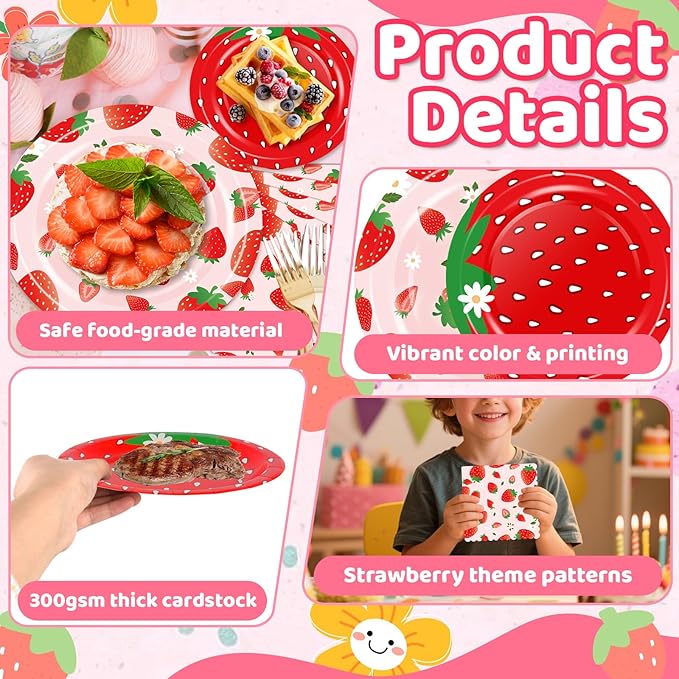 OuMuaMua Strawberry Birthday Decorations, 75 Pcs Disposable Fruit Paper Plates and Napkins Tableware Set for Summer Sweet One 1st Baby Shower Berry First Strawberry Themed Party Supplies, Serves 25