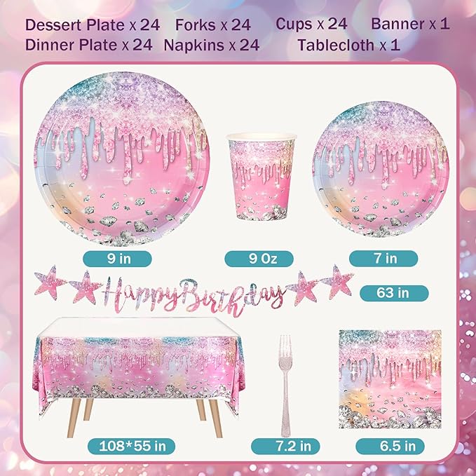 Iridescent Diamond Birthday Party Decorations, Disposable Plates, Napkin, Fork, Cup, Tablecloth, Banner for Iridescent Diamond Party Supplies Serves 24
