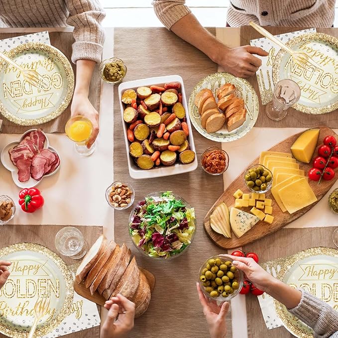 96Pcs Happy Golden Birthday Party Supplies 350GSM Gold Silver Diamond Paper Plates and Napkins Tableware Sets Golden Birthday Party Decorations for Women Men Anniversary Wedding Party Favors Serve 24